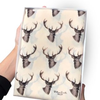 hand printed scarf with stag head on presented in a gift box with free personalisation