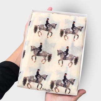 hand printed scarf with dressage horse on presented in a gift box with free personalisation