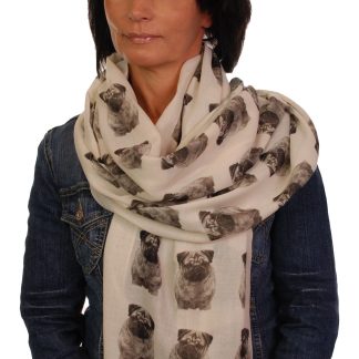 Pug Scarf - Mike Sibley Pug Design Ladies Fashion Scarf - Hand Printed In The UK