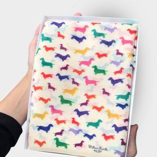 hand printed scarf with colourful Dachshunds on presented in a gift box with free personalisation