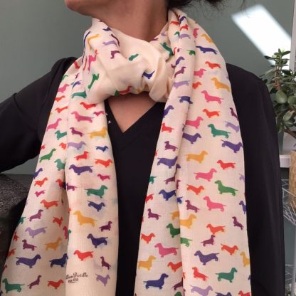 lady wearing an all back outfit and a hand printed colourful Dachshunds design scarf