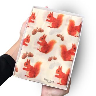 hand printed scarf with cute red squirrels on presented in a gift box with free personalisation