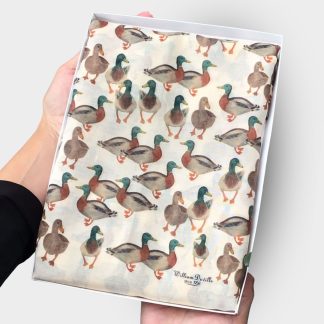 hand printed scarf with ducks on presented in a gift box with free personalisation