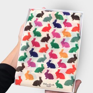 hand printed scarf with colourful rabbits on presented in a gift box with free personalisation