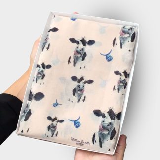 hand printed scarf with cows design on presented in a gift box with free personalisation