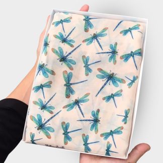 hand printed scarf with dragonflies on presented in a gift box with free personalisation