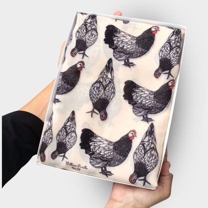 hand printed scarf with black chickens on presented in a gift box with free personalisation