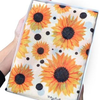 hand printed scarf with sunflowers on presented in a gift box with free personalisation