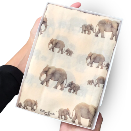 hand printed scarf with elephants on presented in a gift box with free personalisation