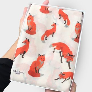 hand printed scarf with foxes on presented in a gift box with free personalisation