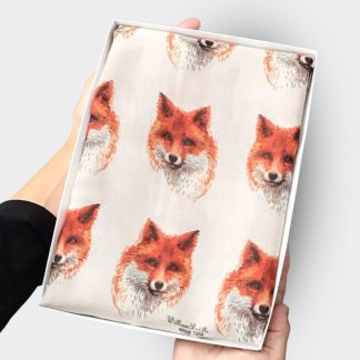 hand printed scarf with foxes Head on presented in a gift box with free personalisation