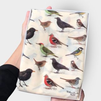 hand printed scarf with Garden Birds on presented in a gift box with free personalisation