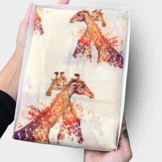 hand printed scarf with giraffe on presented in a gift box with free personalisation