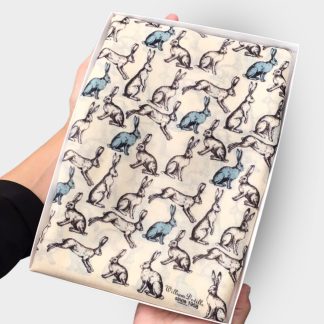 hand printed scarf with hares on presented in a gift box with free personalisation