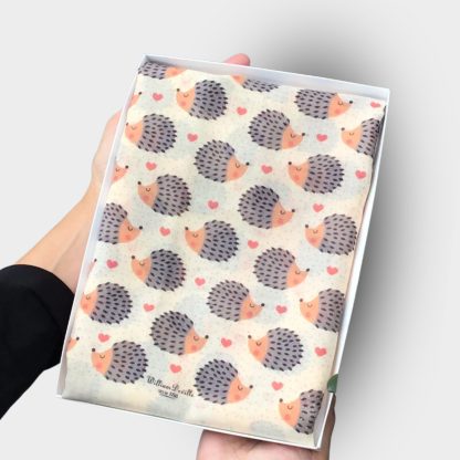 hand printed scarf with hedgehogs on presented in a gift box with free personalisation