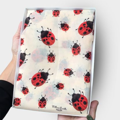 hand printed scarf with lady bird on presented in a gift box with free personalisation