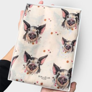 hand printed scarf with pigs on presented in a gift box with free personalisation