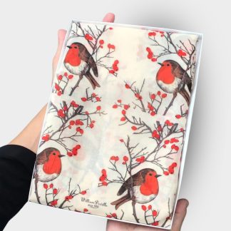 hand printed scarf with christmas robins on presented in a gift box with free personalisation