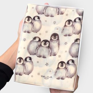 hand printed scarf with christmas cute penguins on presented in a gift box with free personalisation