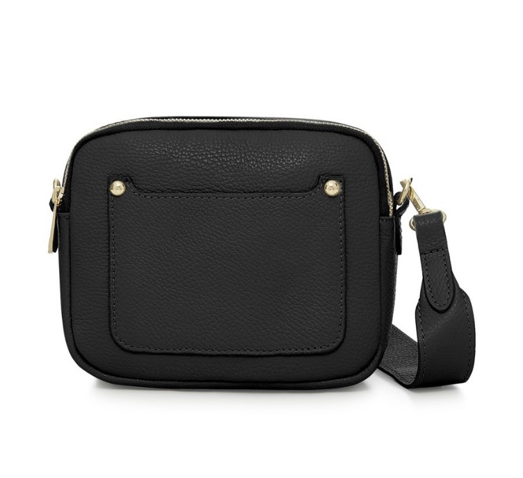 Black Crossbody Bag with two separate zipped compartments, and a detachable strap