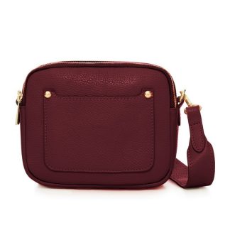 Burgundy Crossbody Bag with two separate zipped compartments, and a detachable strap