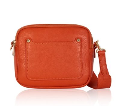 Burnt Orange Crossbody Bag with two separate zipped compartments, and a detachable strap