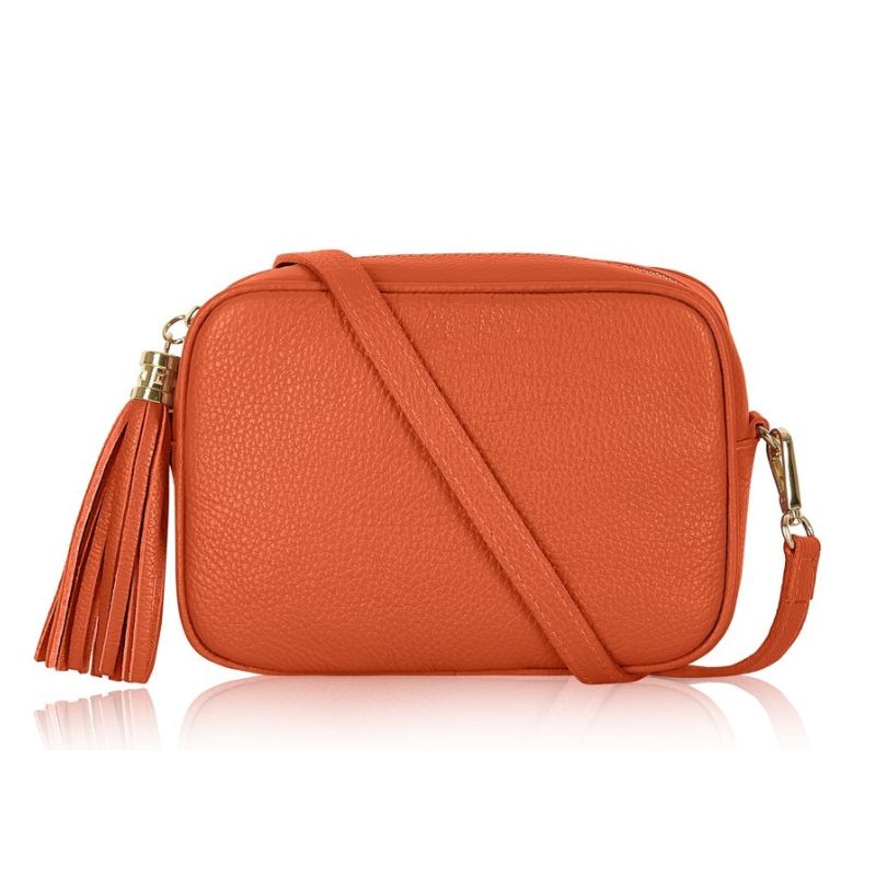 Burnt Orange Crossbody Bag Single Zip. One main compartment with an internal side slip pocket and a detachable strap