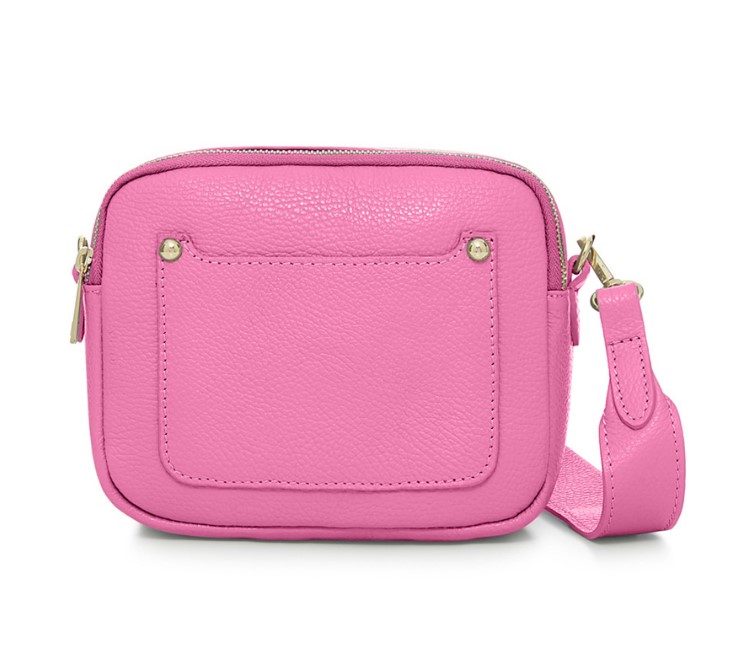 Candy Pink Crossbody Bag with two separate zipped compartments, and a matching detachable strap