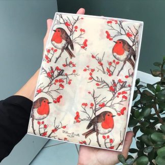 Christmas Robin print scarf presented in a gift box