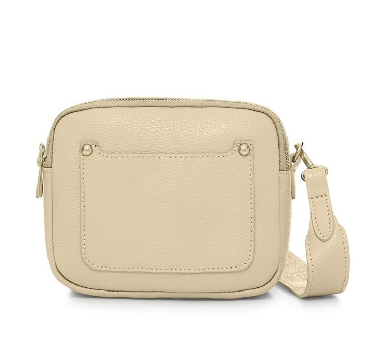 Cream Crossbody Bag with two separate zipped compartments, and a matching detachable strap