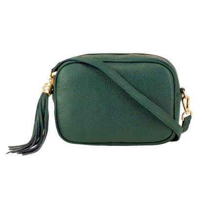 Dark Green Crossbody Bag Single Zip. One main compartment with an internal side slip pocket and a detachable strap