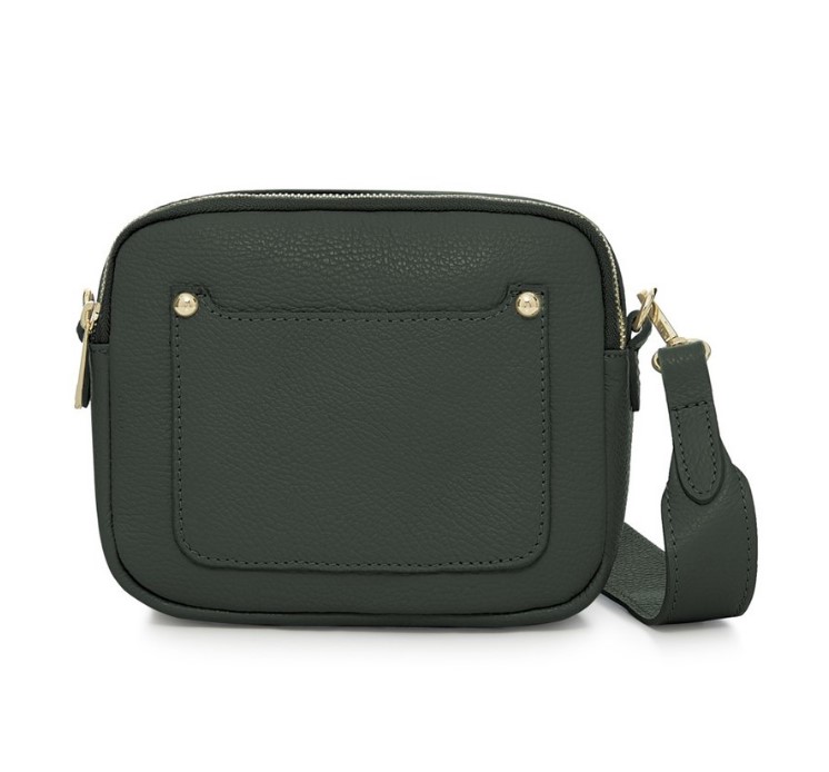 Dark Green Crossbody Bag with two separate zipped compartments, and a matching detachable strap