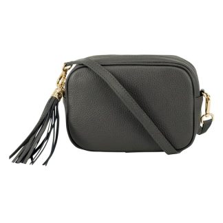 Dark Grey Crossbody Bag Single Zip. One main compartment with an internal side slip pocket and a detachable strap