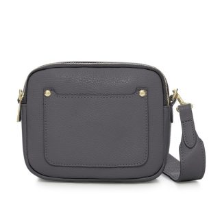 Dark Grey Crossbody Bag with two separate zipped compartments, and a matching detachable strap