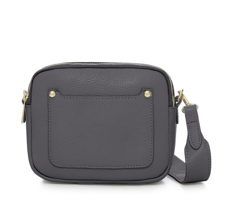 Dark Grey Crossbody Bag with two separate zipped compartments, and a matching detachable strap