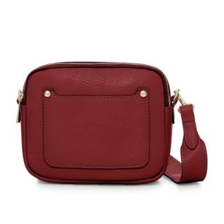 Dark Red Crossbody Bag with two separate zipped compartments, and a matching detachable strap