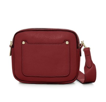 Dark Red Crossbody Bag with two separate zipped compartments, and a matching detachable strap