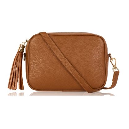 Dark Tan Crossbody Bag Single Zip. One main compartment with an internal side slip pocket and a detachable strap