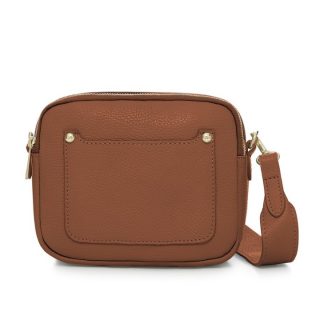 Dark Tan Crossbody Bag with two separate zipped compartments, and a matching detachable strap