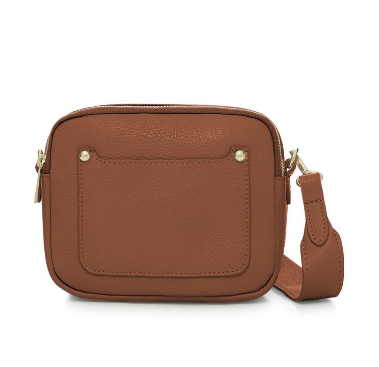 Dark Tan Crossbody Bag with two separate zipped compartments, and a matching detachable strap