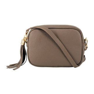 Dark Taupe Crossbody Bag Single Zip. One main compartment with an internal side slip pocket and a detachable strap