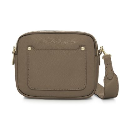 Dark Taupe Crossbody Bag with two separate zipped compartments, and a matching detachable strap