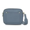 Denim Blue Crossbody Bag with two separate zipped compartments, and a matching detachable strap