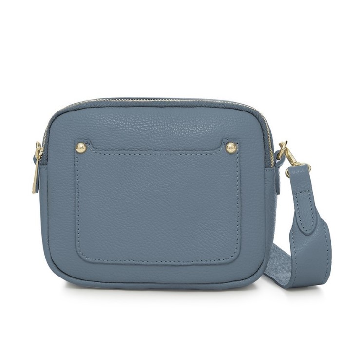 Denim Blue Crossbody Bag with two separate zipped compartments, and a matching detachable strap