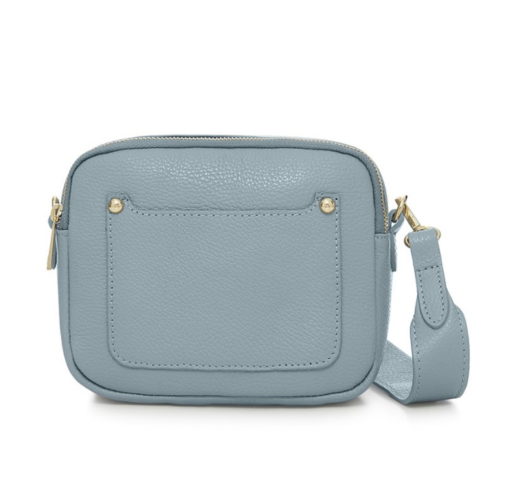 Duck Egg Blue Crossbody Bag with two separate zipped compartments, and a matching detachable strap