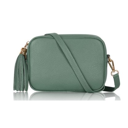 Dusty Green Crossbody Bag Single Zip. One main compartment with an internal side slip pocket and a detachable strap