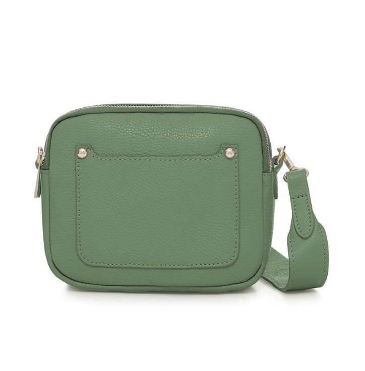 Dusty Green Crossbody Bag with two separate zipped compartments, and a matching detachable strap