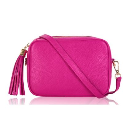 Fuchsia Crossbody Bag Single Zip. One main compartment with an internal side slip pocket and a detachable strap