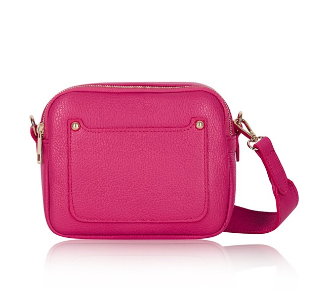 Fuchsia Crossbody Bag with two separate zipped compartments, and a matching detachable strap