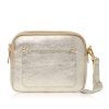 Gold Crossbody Bag with two separate zipped compartments, and a matching detachable strap